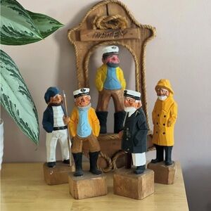 Vintage Hand-Carved Wooden Sailor Figurines + Nautical Wall Shrine